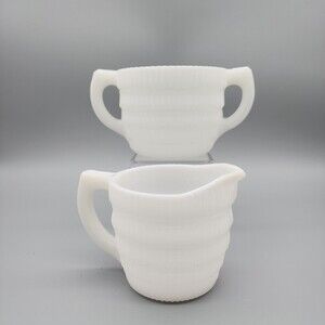 VTG Hazel Atlas Milk Glass Creamer & Sugar Beehive Fine Ribbed White Cira 1940's